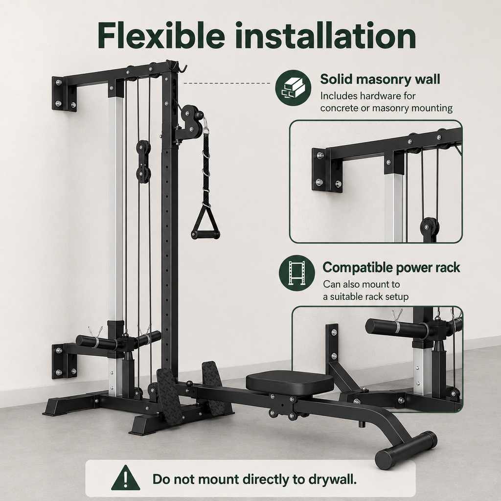 Wall-Mounted Plate-Loaded Lat Pulldown & Rowing Cable Machine with 1:1 Resistance, 16 Pulley Heights & Sliding Seat