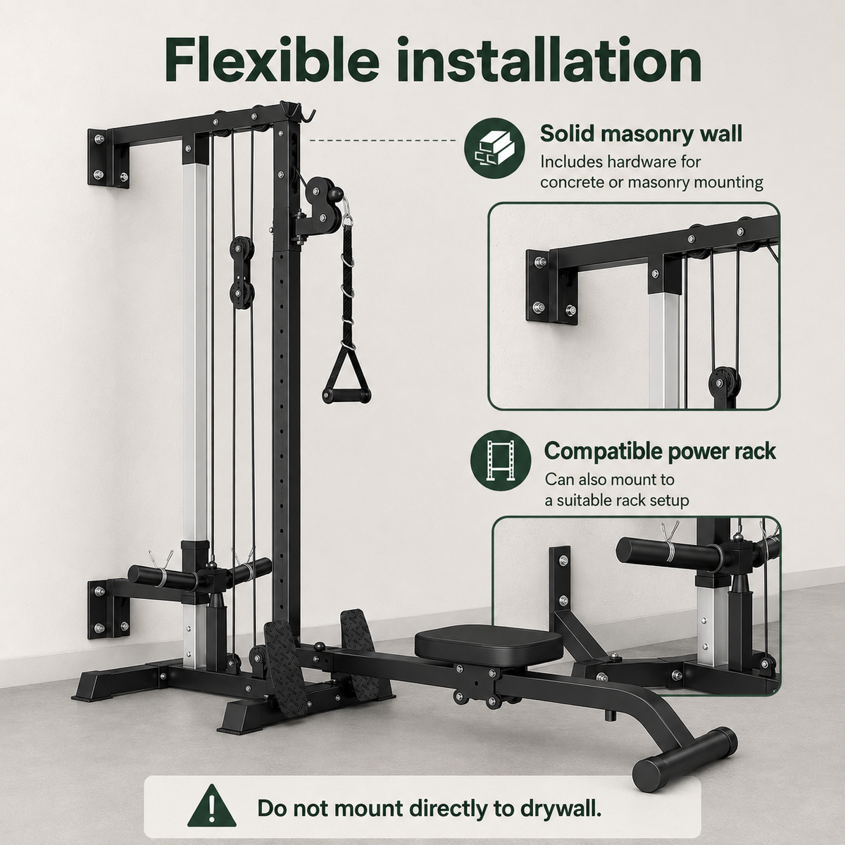 Wall-Mounted Plate-Loaded Lat Pulldown & Rowing Cable Machine with 1:1 Resistance, 16 Pulley Heights & Sliding Seat