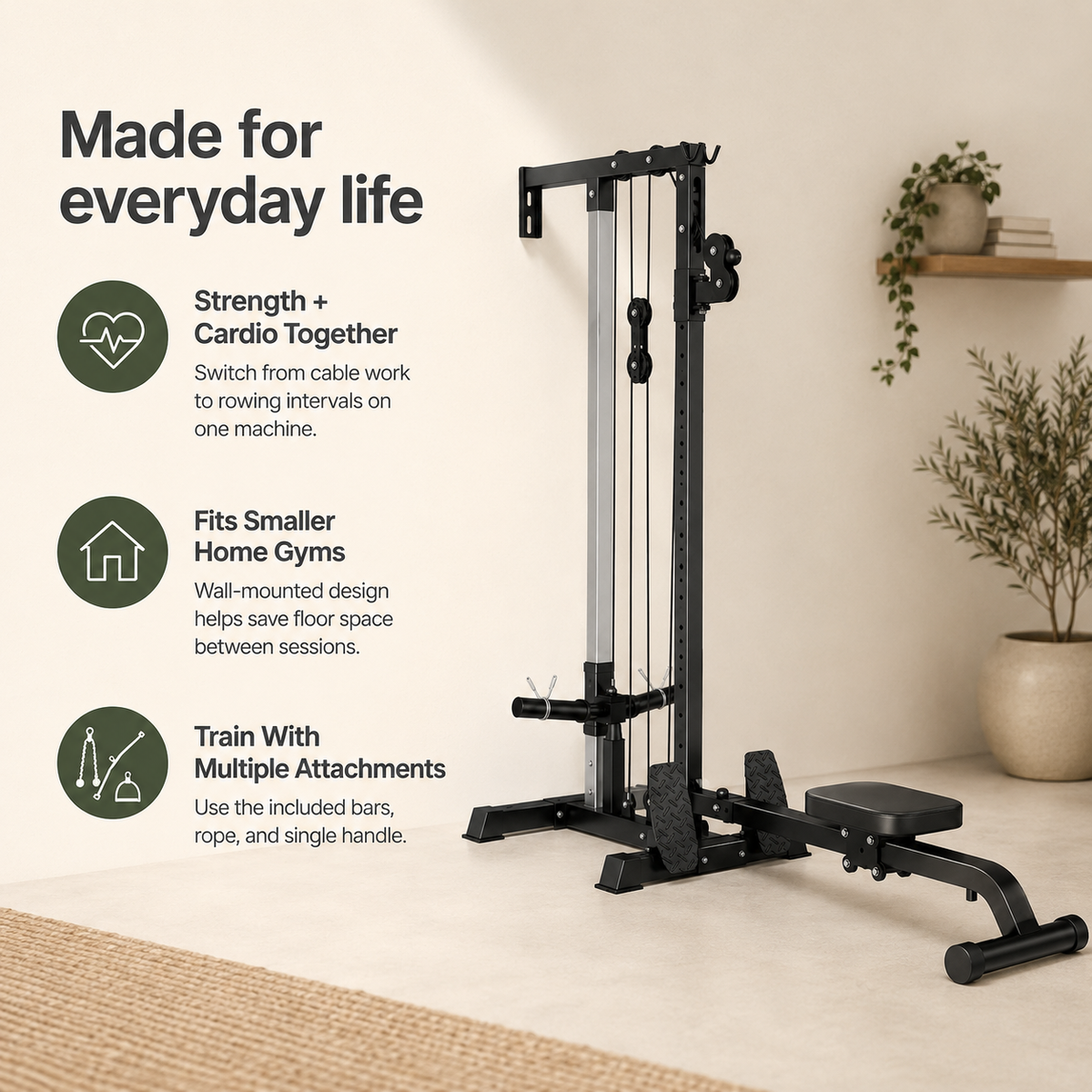 Wall-Mounted Plate-Loaded Lat Pulldown & Rowing Cable Machine with 1:1 Resistance, 16 Pulley Heights & Sliding Seat