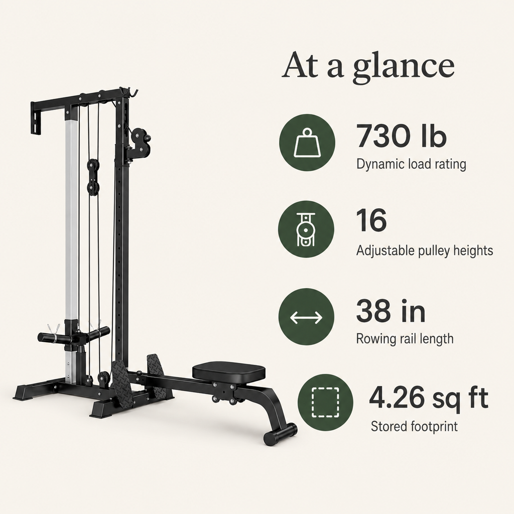 Wall-Mounted Plate-Loaded Lat Pulldown & Rowing Cable Machine with 1:1 Resistance, 16 Pulley Heights & Sliding Seat