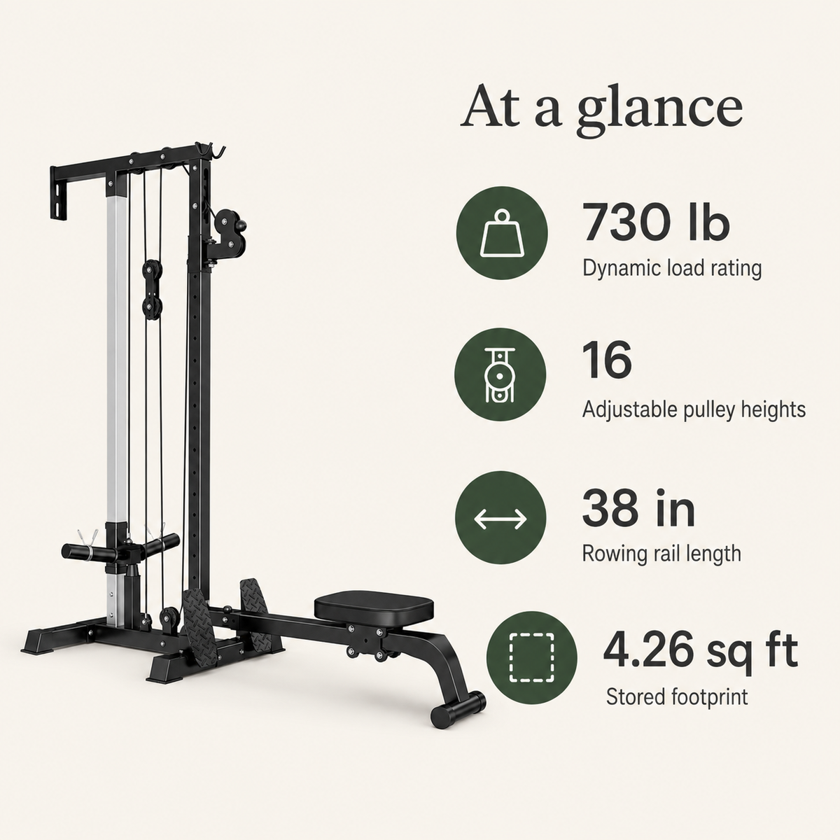 Wall-Mounted Plate-Loaded Lat Pulldown & Rowing Cable Machine with 1:1 Resistance, 16 Pulley Heights & Sliding Seat