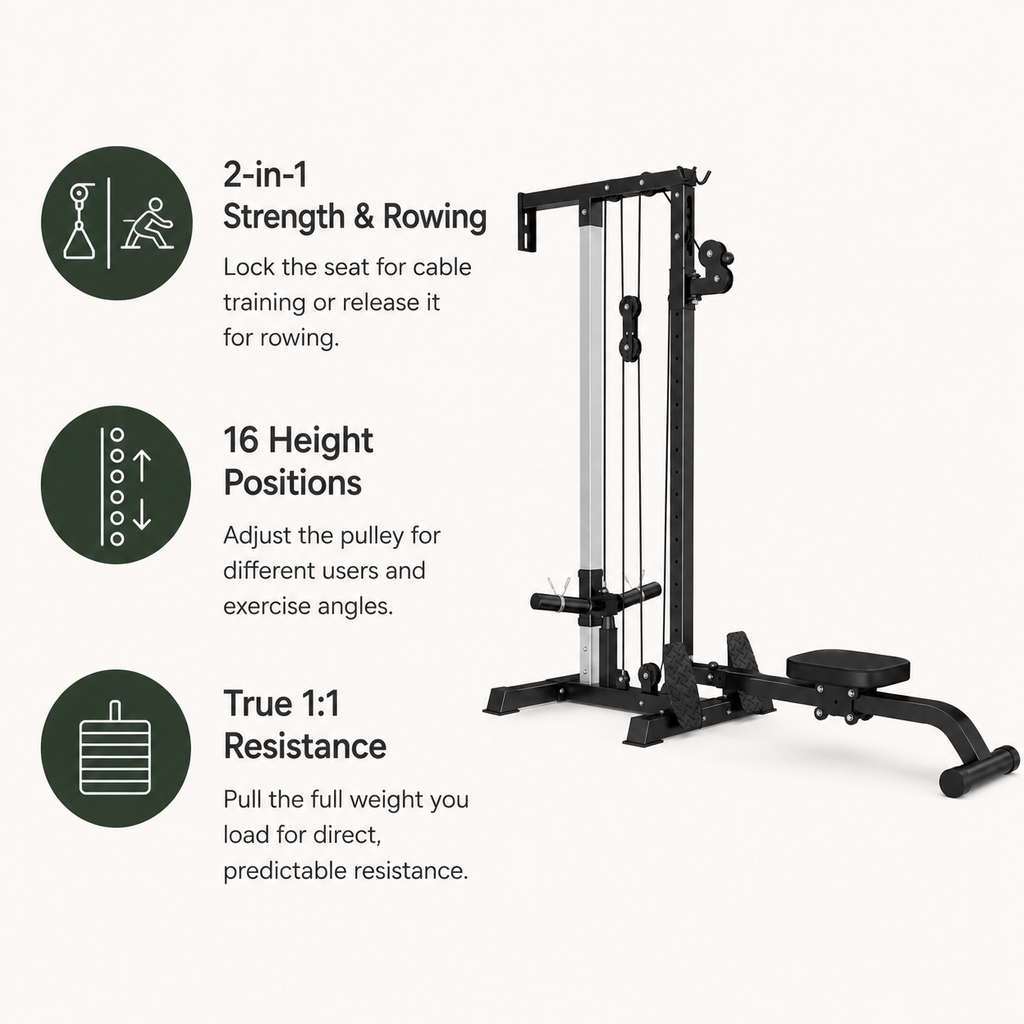 Wall-Mounted Plate-Loaded Lat Pulldown & Rowing Cable Machine with 1:1 Resistance, 16 Pulley Heights & Sliding Seat