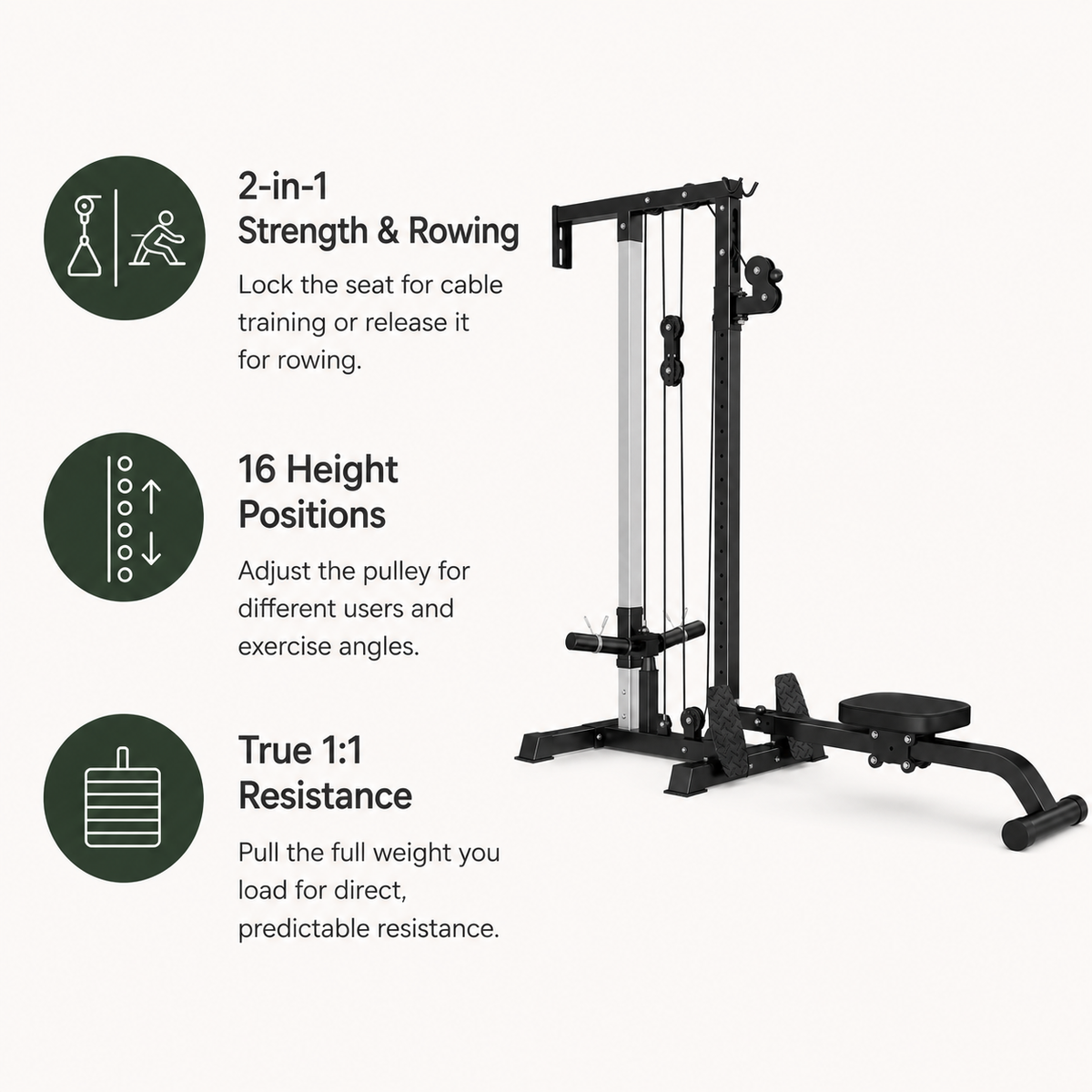 Wall-Mounted Plate-Loaded Lat Pulldown & Rowing Cable Machine with 1:1 Resistance, 16 Pulley Heights & Sliding Seat