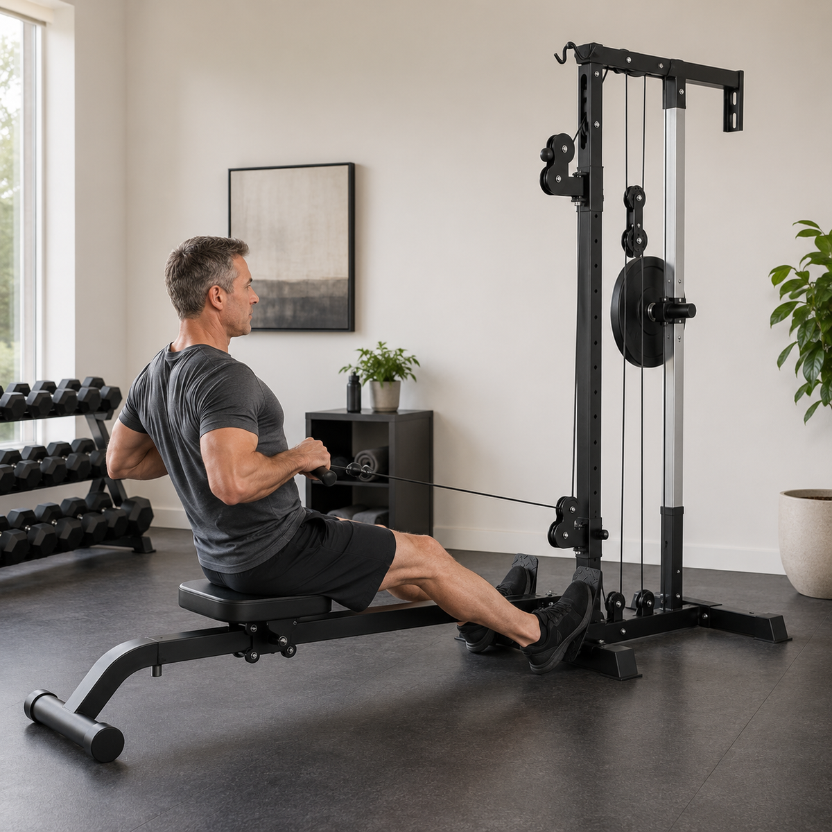 Wall-Mounted Plate-Loaded Lat Pulldown & Rowing Cable Machine with 1:1 Resistance, 16 Pulley Heights & Sliding Seat