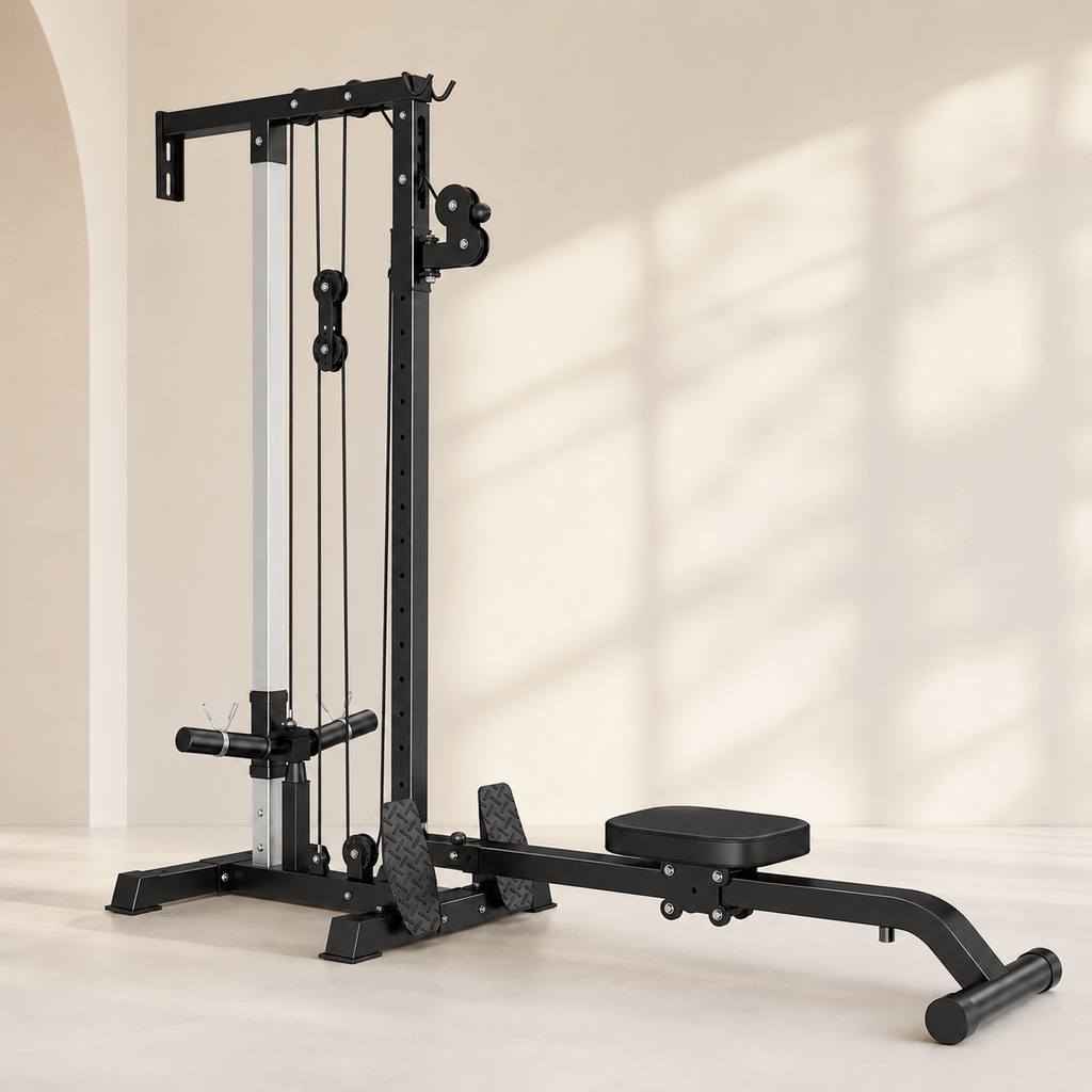 Wall-Mounted Plate-Loaded Lat Pulldown & Rowing Cable Machine with 1:1 Resistance, 16 Pulley Heights & Sliding Seat