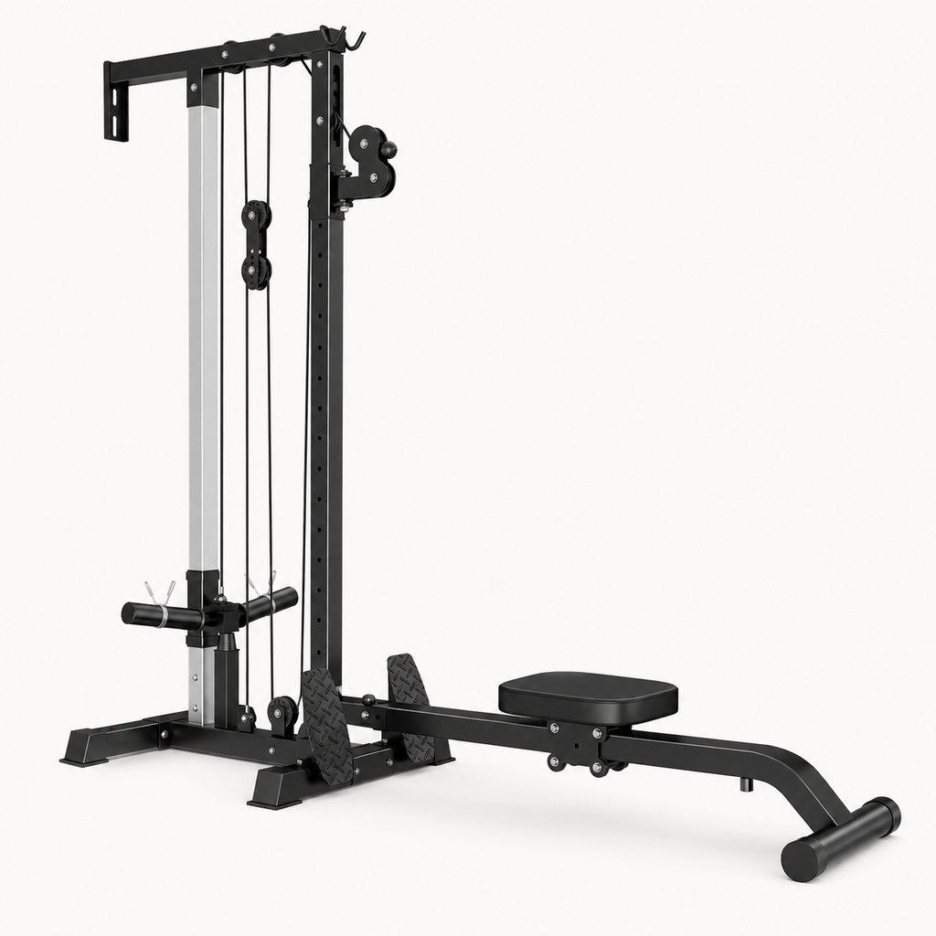 Wall-Mounted Plate-Loaded Lat Pulldown & Rowing Cable Machine with 1:1 Resistance, 16 Pulley Heights & Sliding Seat