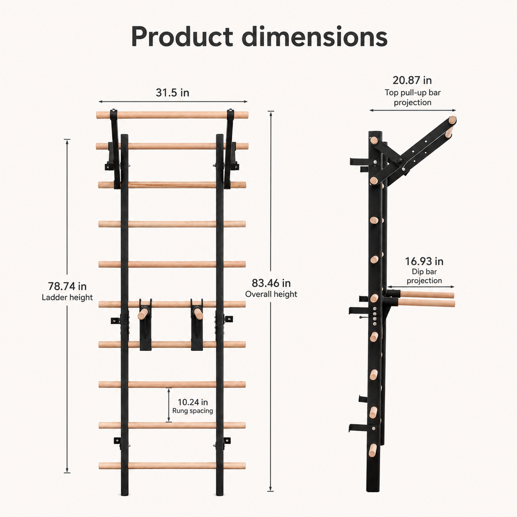 Wall-Mounted Stall Bars Swedish Ladder Home Gym with Adjustable Pull-Up Bar, Dip Bars & 286 lb Capacity