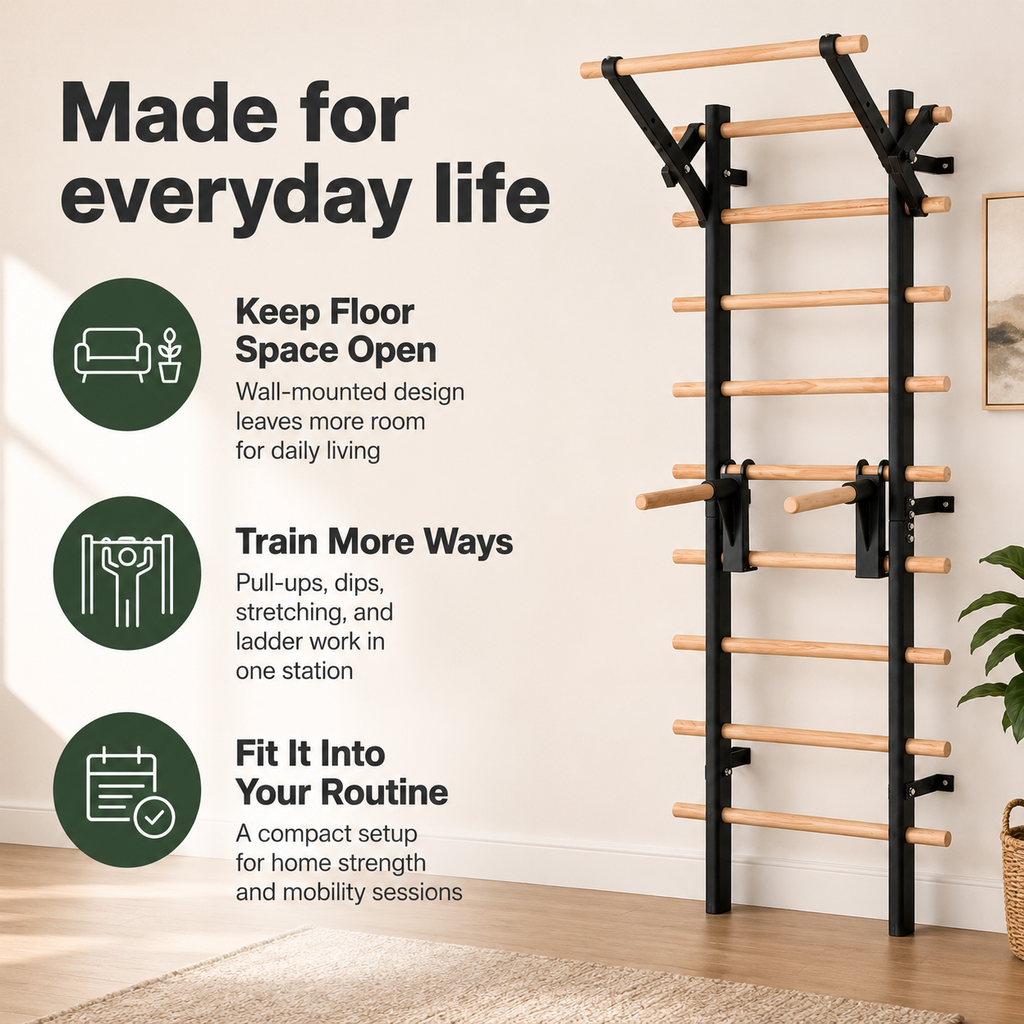 Wall-Mounted Stall Bars Swedish Ladder Home Gym with Adjustable Pull-Up Bar, Dip Bars & 286 lb Capacity