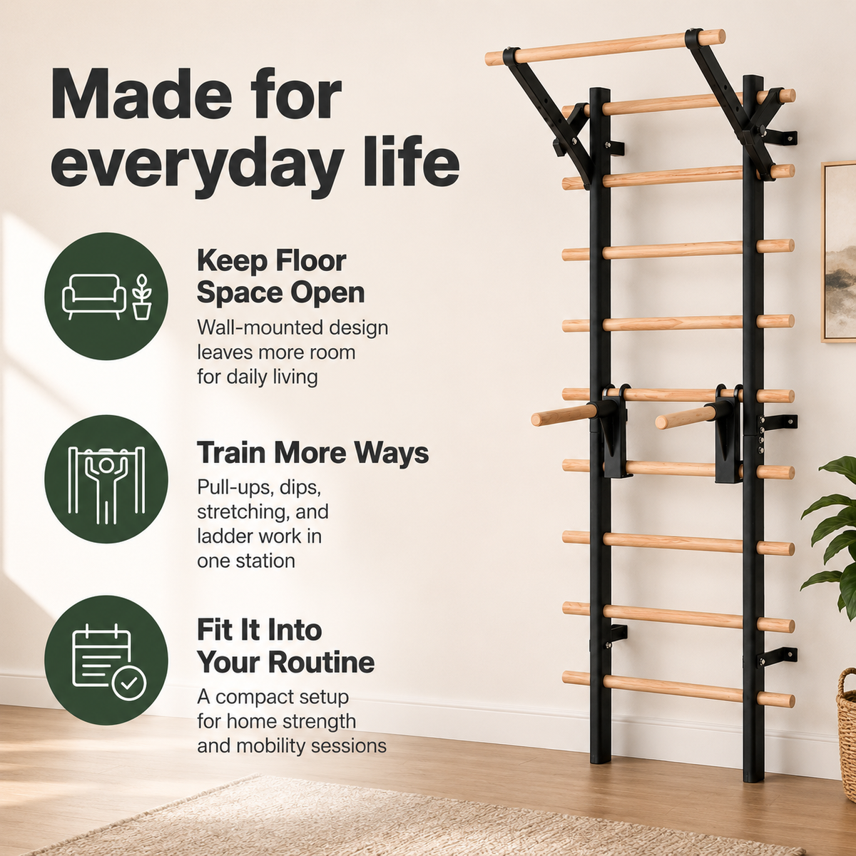 Wall-Mounted Stall Bars Swedish Ladder Home Gym with Adjustable Pull-Up Bar, Dip Bars & 286 lb Capacity