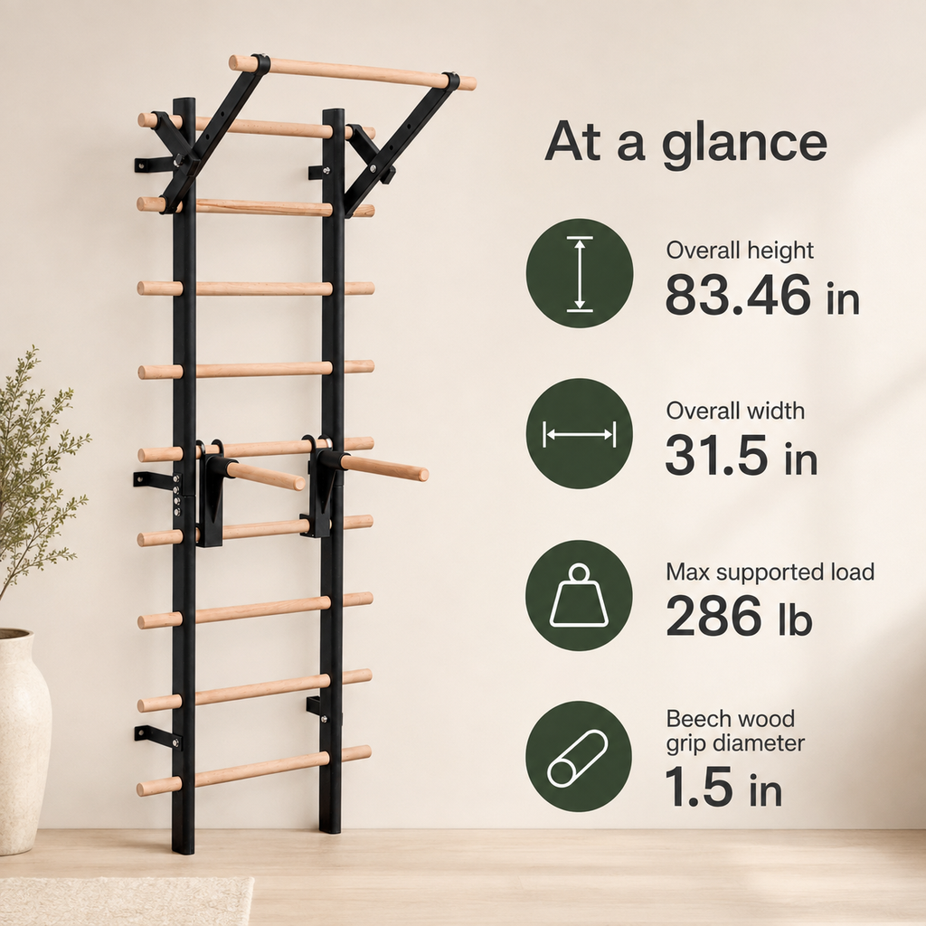 Wall-Mounted Stall Bars Swedish Ladder Home Gym with Adjustable Pull-Up Bar, Dip Bars & 286 lb Capacity