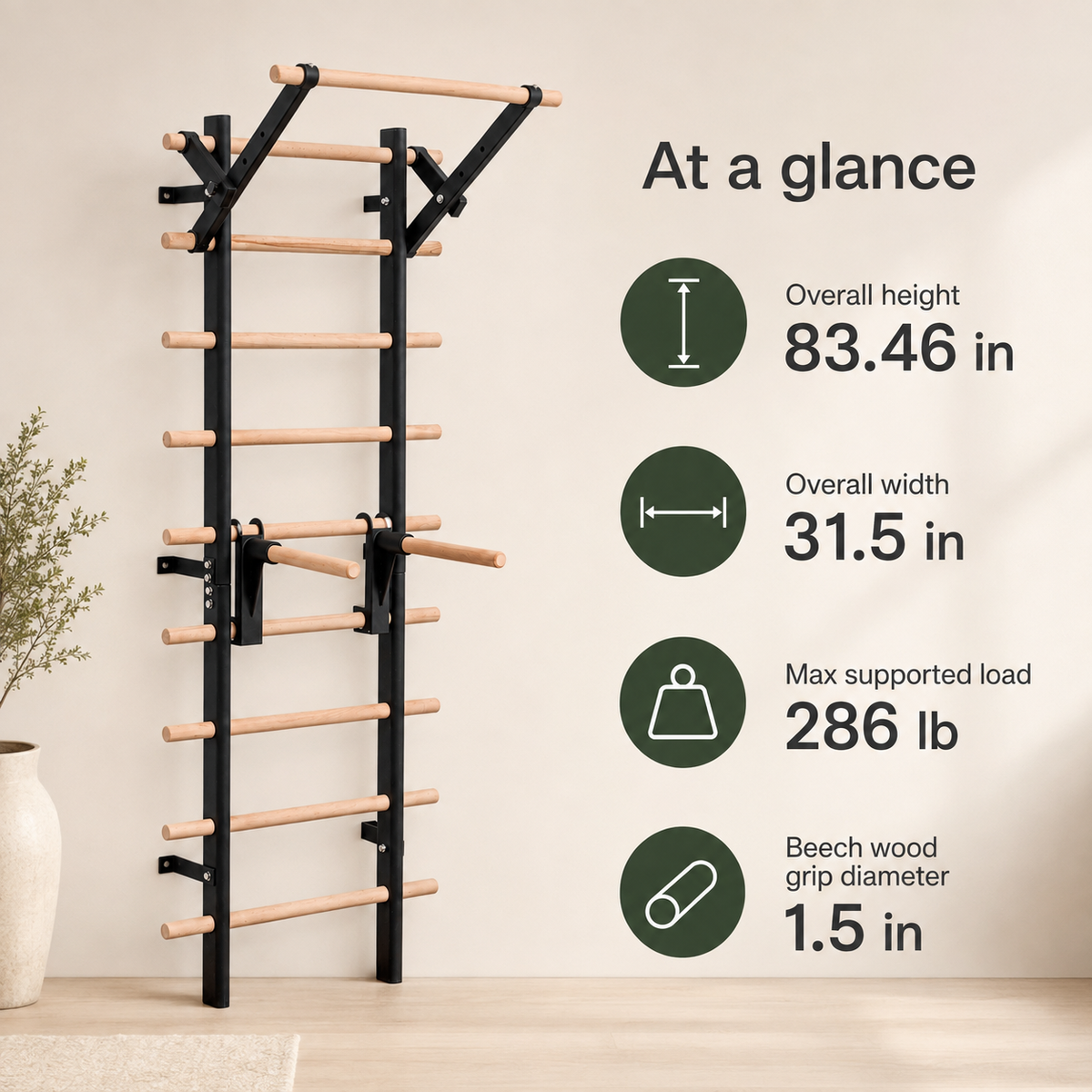 Wall-Mounted Stall Bars Swedish Ladder Home Gym with Adjustable Pull-Up Bar, Dip Bars & 286 lb Capacity