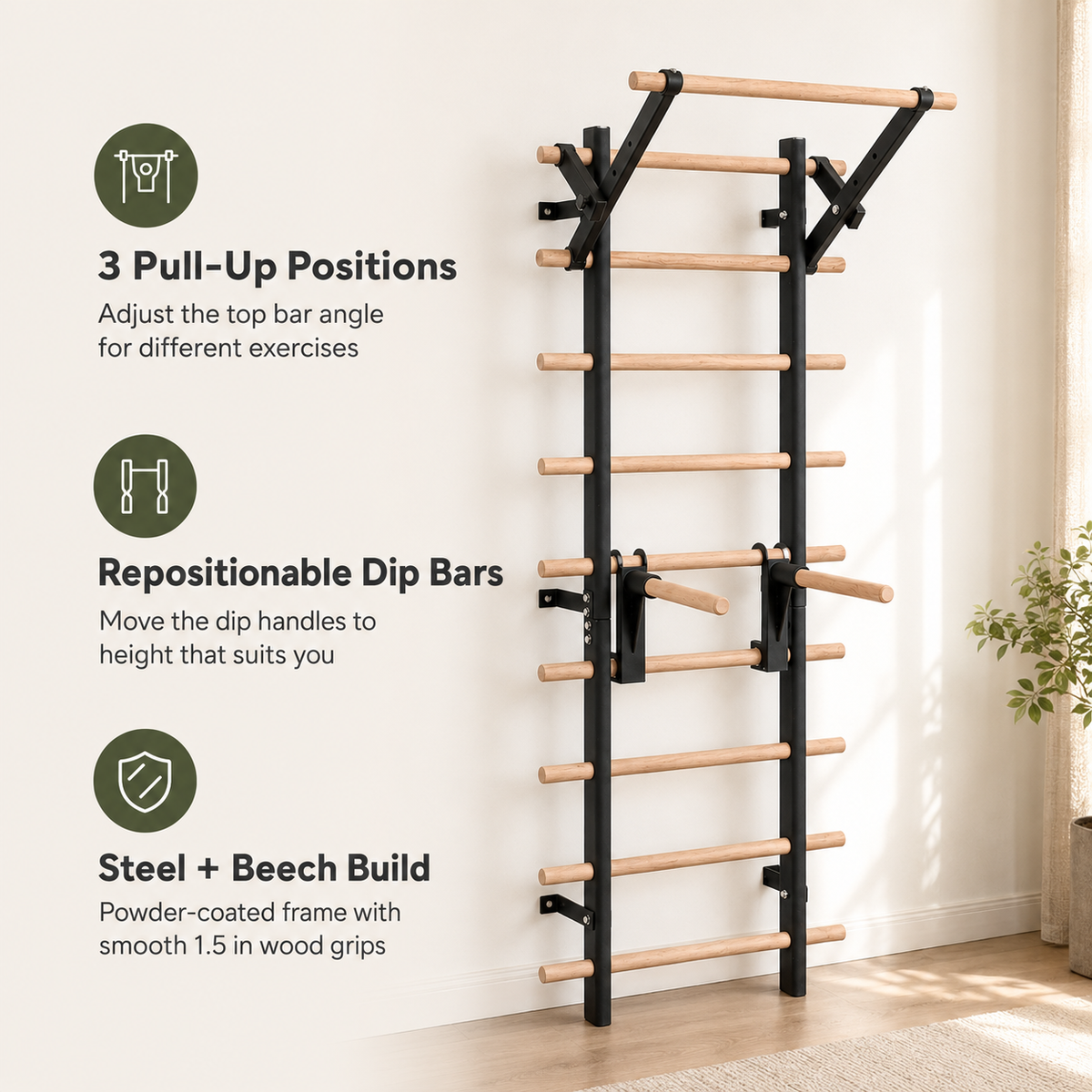 Wall-Mounted Stall Bars Swedish Ladder Home Gym with Adjustable Pull-Up Bar, Dip Bars & 286 lb Capacity