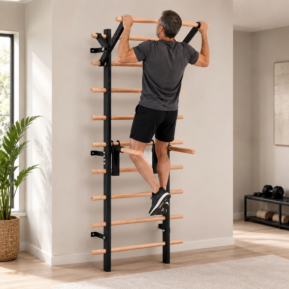Wall-Mounted Stall Bars Swedish Ladder Home Gym with Adjustable Pull-Up Bar, Dip Bars & 286 lb Capacity