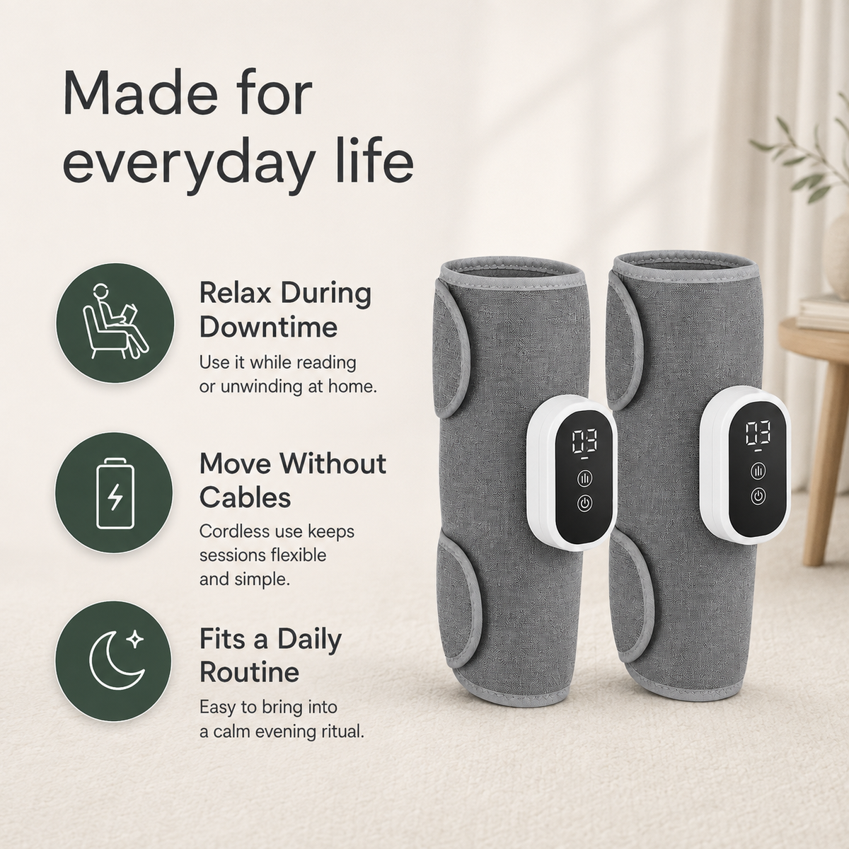 Wireless Air Compression Calf Massager with 360° Wrap, 3 Modes & 15-Minute Auto Shutoff