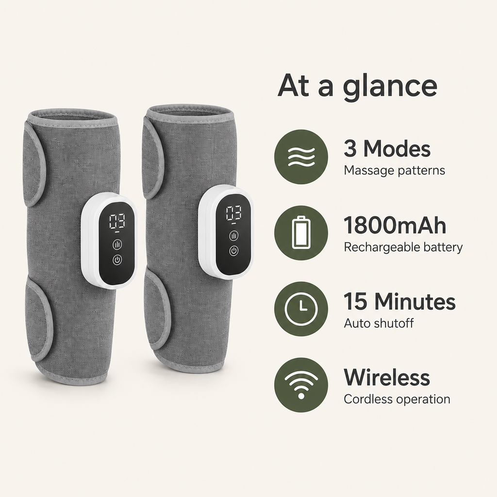 Wireless Air Compression Calf Massager with 360° Wrap, 3 Modes & 15-Minute Auto Shutoff