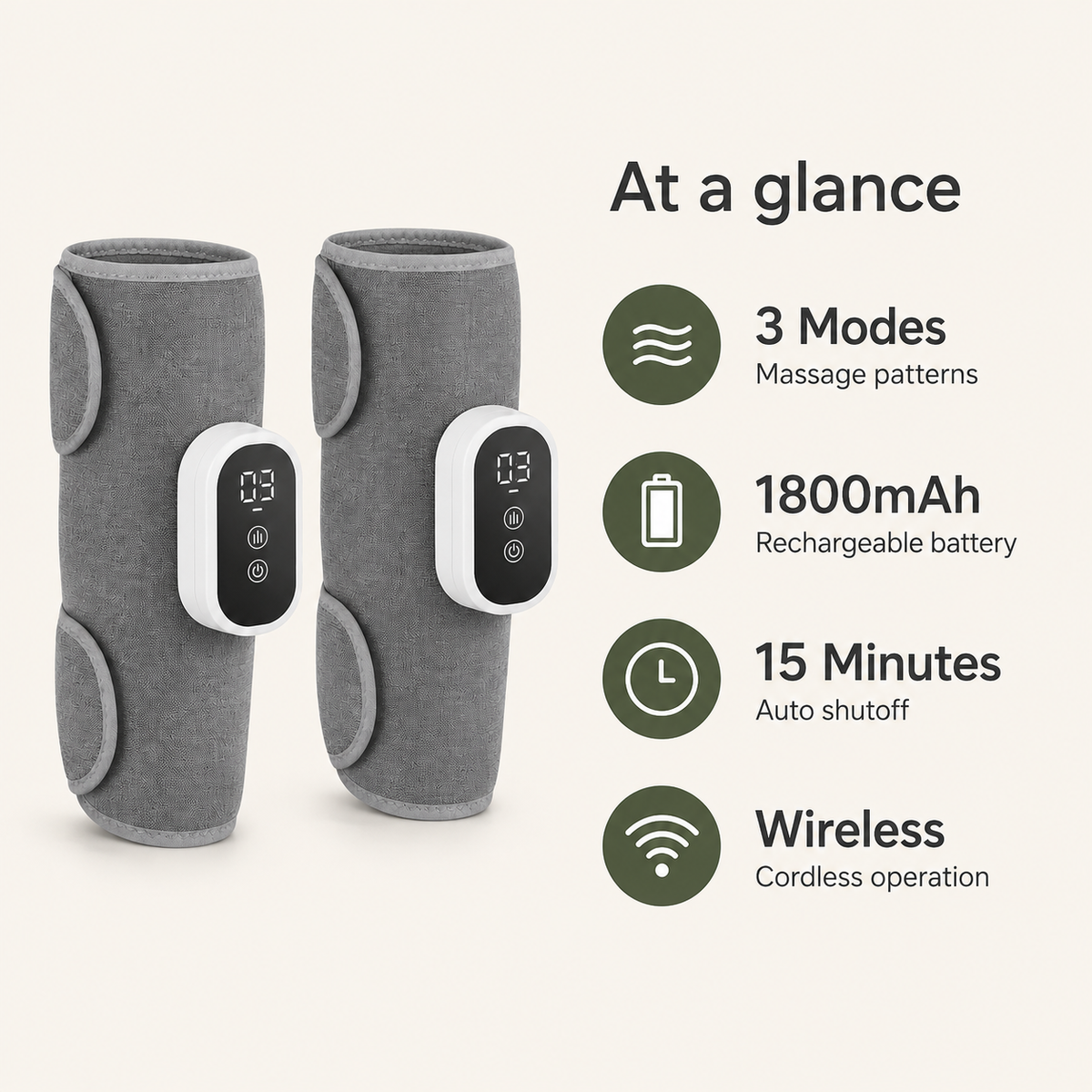 Wireless Air Compression Calf Massager with 360° Wrap, 3 Modes & 15-Minute Auto Shutoff
