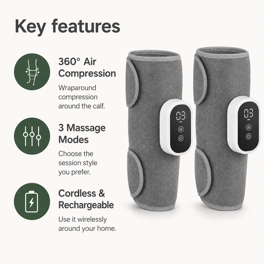 Wireless Air Compression Calf Massager with 360° Wrap, 3 Modes & 15-Minute Auto Shutoff