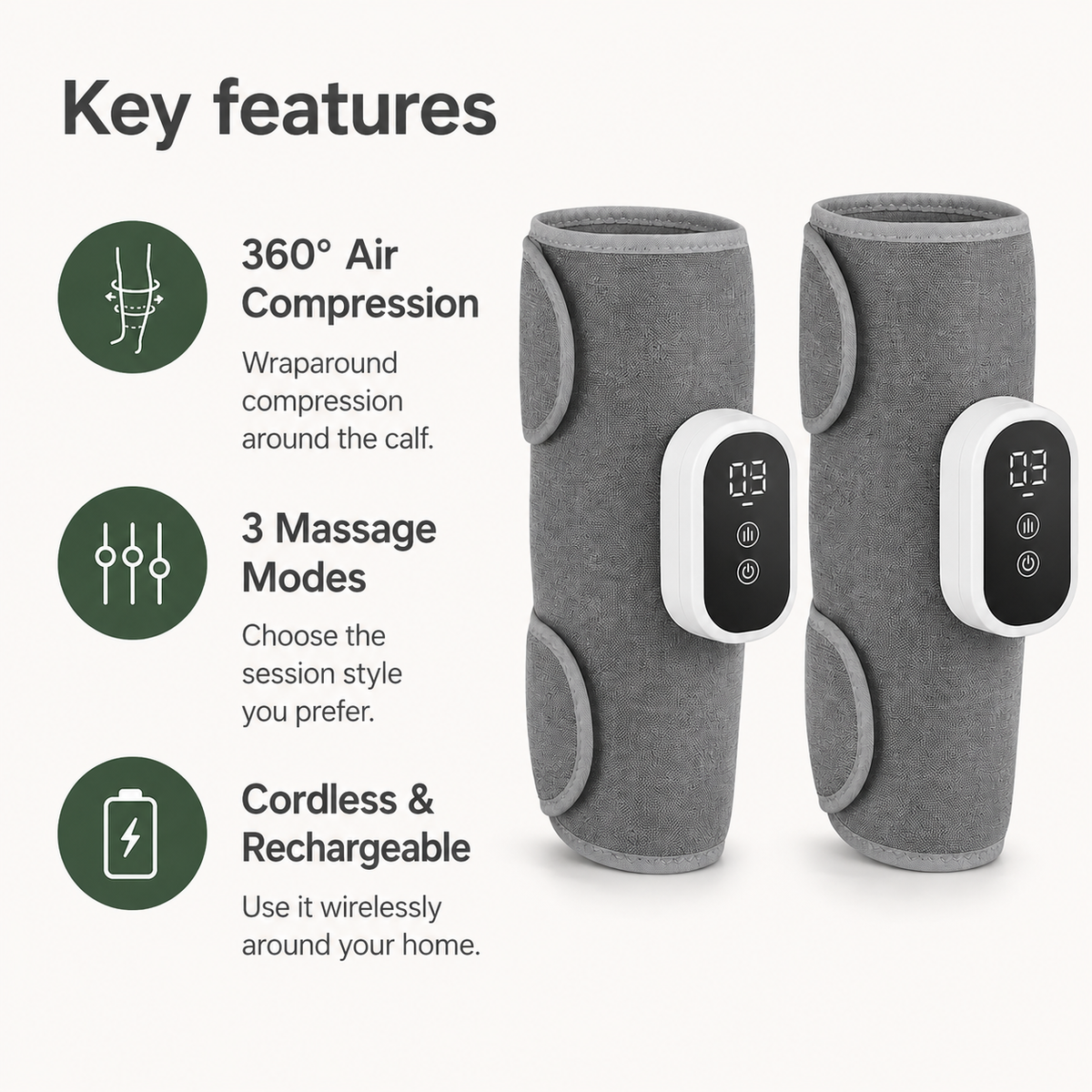 Wireless Air Compression Calf Massager with 360° Wrap, 3 Modes & 15-Minute Auto Shutoff