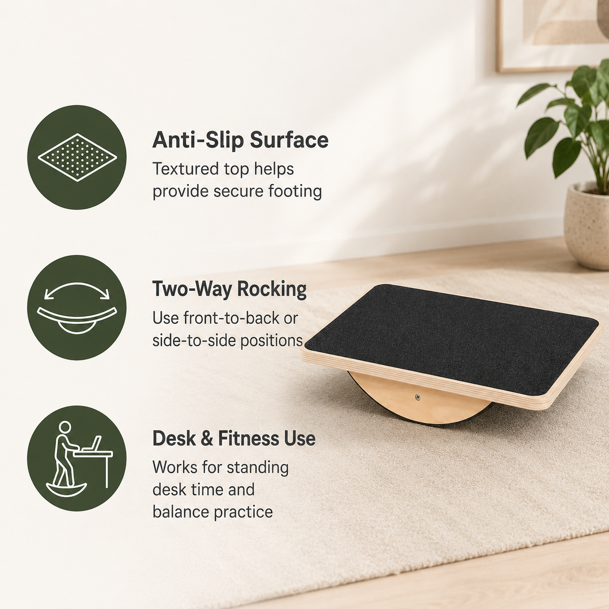 Wooden Balance Board for Adults with Anti-Slip Surface, Standing Desk Rocker Board for Balance Training