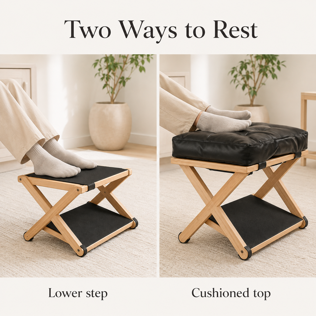 Wooden Under Desk Footrest with Cushioned Top, Non-Slip Rubber Step & 2-Level Support