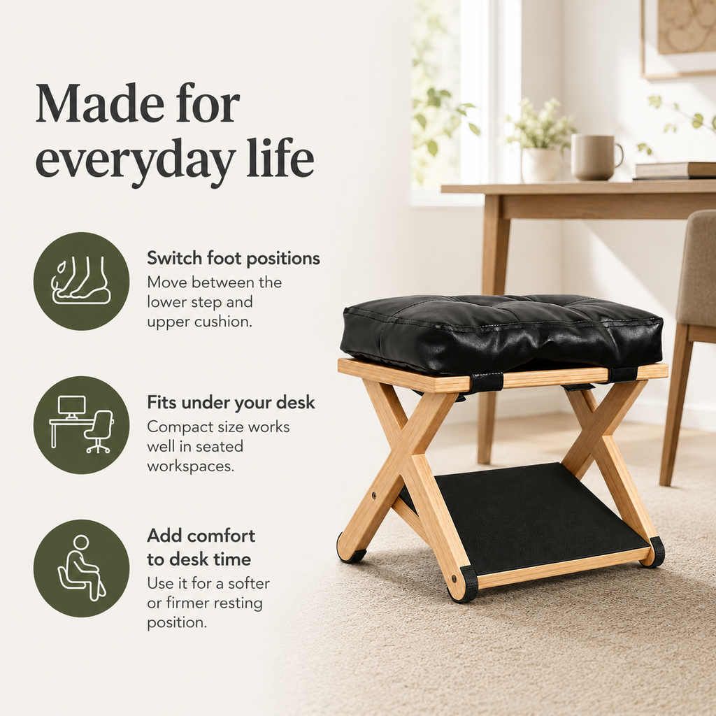 Wooden Under Desk Footrest with Cushioned Top, Non-Slip Rubber Step & 2-Level Support