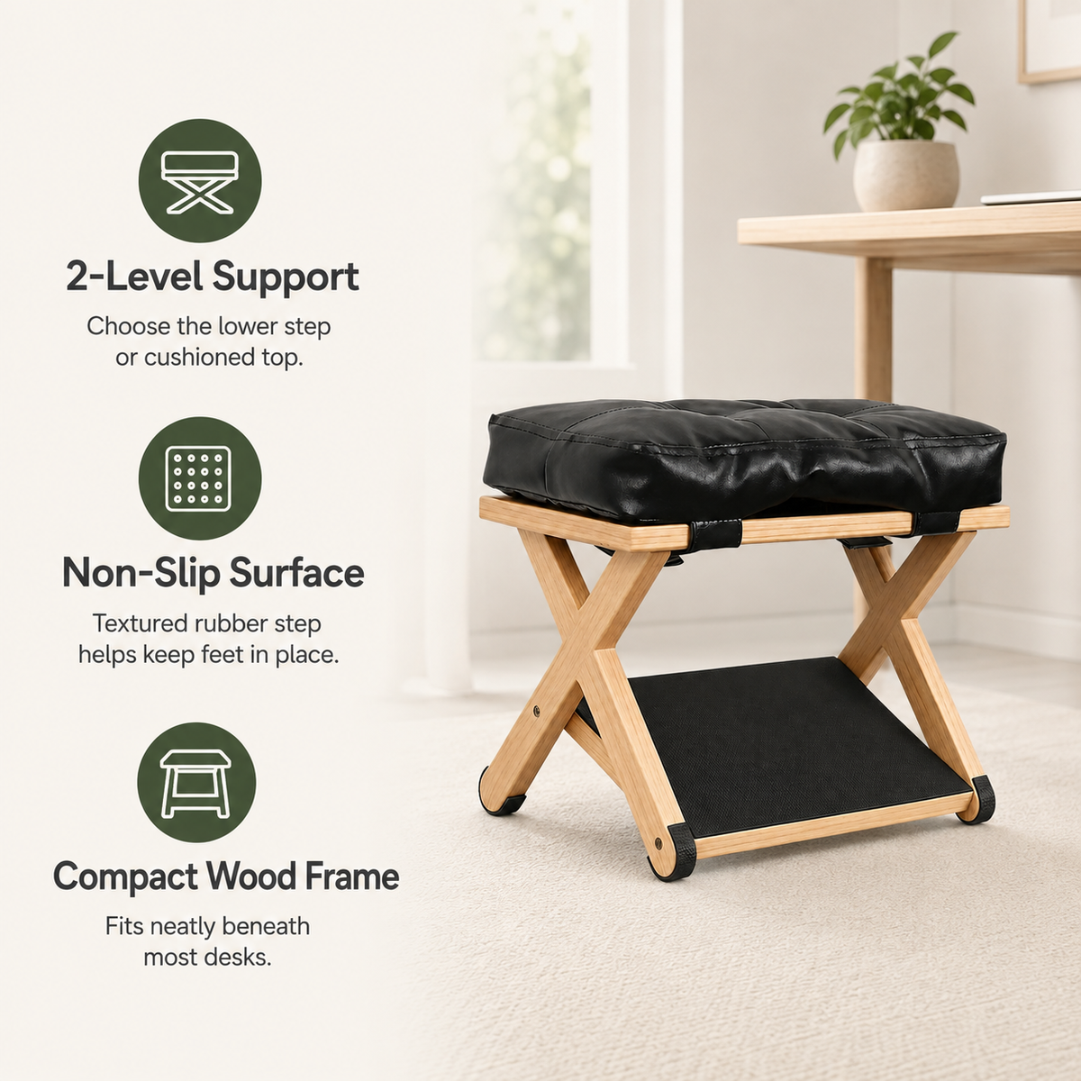 Wooden Under Desk Footrest with Cushioned Top, Non-Slip Rubber Step & 2-Level Support