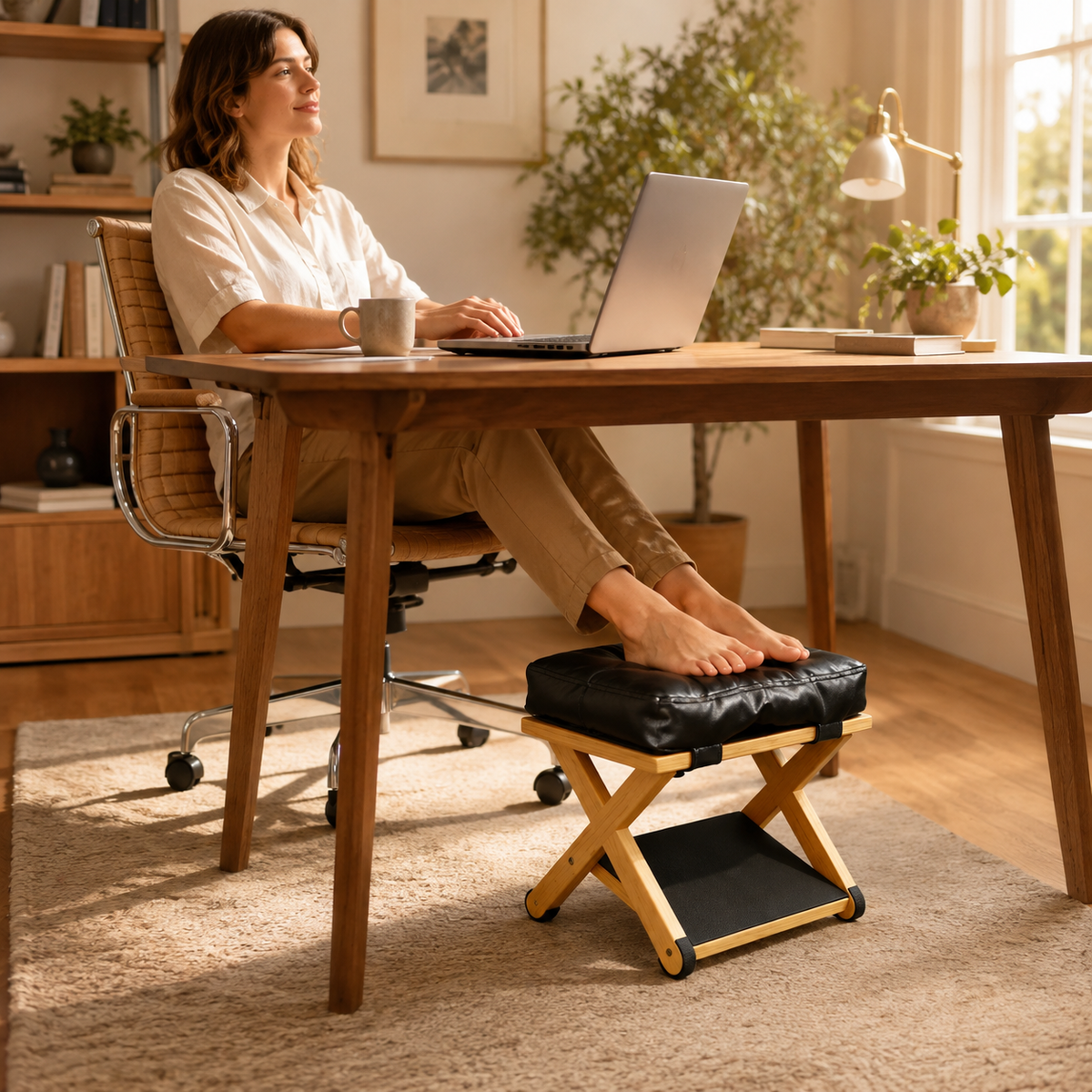Wooden Under Desk Footrest with Cushioned Top, Non-Slip Rubber Step & 2-Level Support