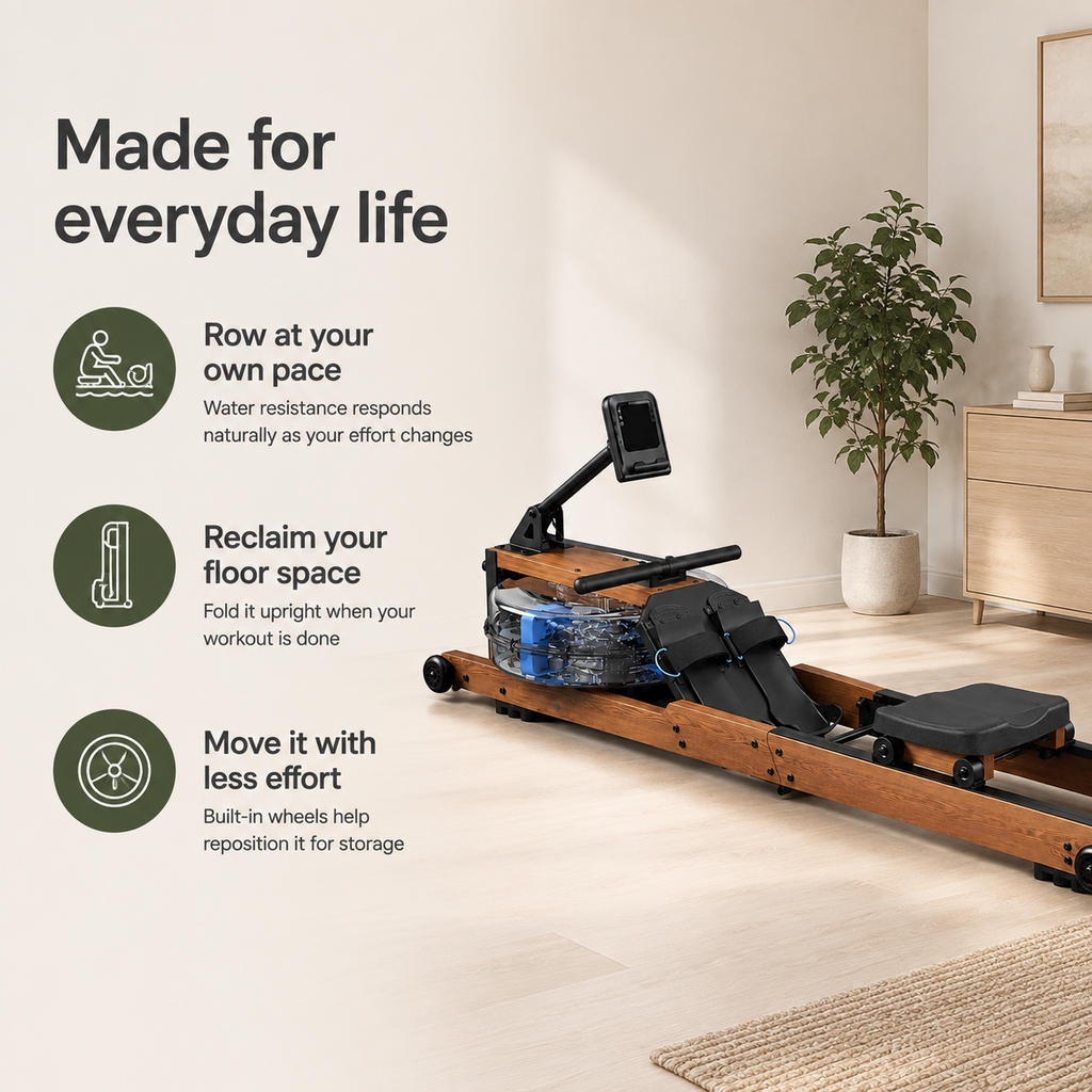 Wooden Water Rowing Machine with 180° Foldable Storage, Bluetooth Monitor & 400 lb Capacity