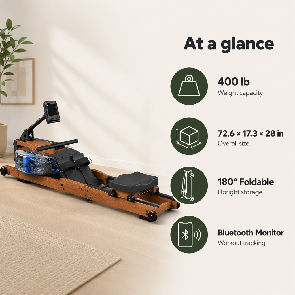 Wooden Water Rowing Machine with 180° Foldable Storage, Bluetooth Monitor & 400 lb Capacity