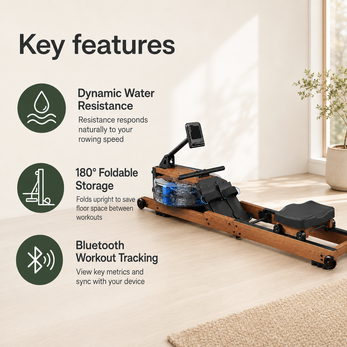 Wooden Water Rowing Machine with 180° Foldable Storage, Bluetooth Monitor & 400 lb Capacity