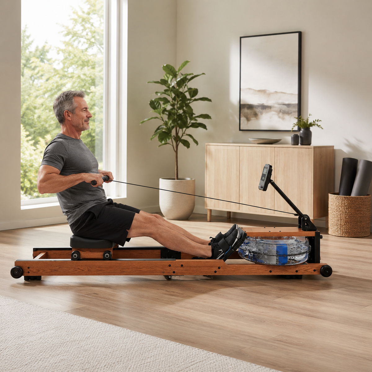Wooden Water Rowing Machine with 180° Foldable Storage, Bluetooth Monitor & 400 lb Capacity