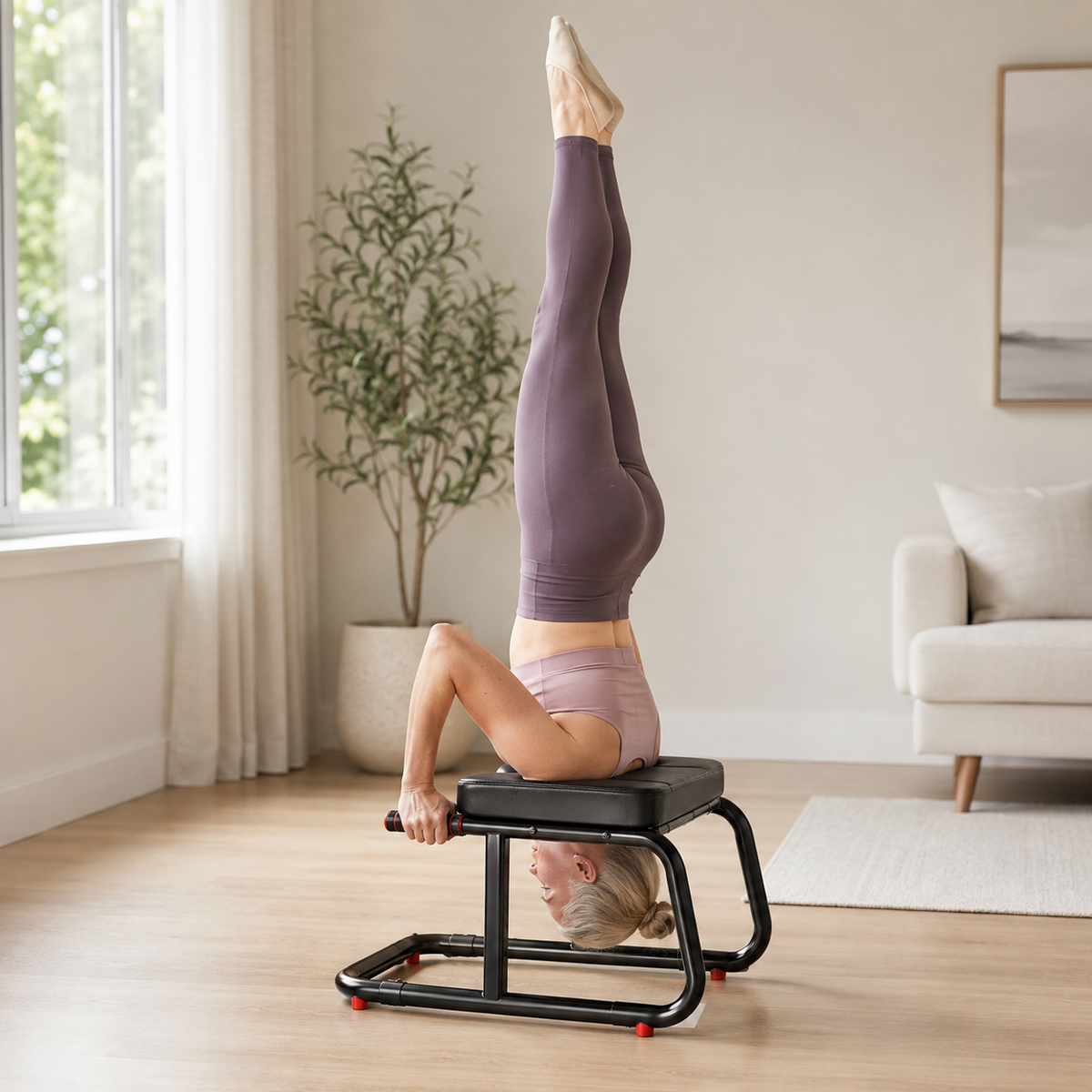 Yoga Headstand Bench with Dual Handles & Iron Frame, Padded Inversion Chair for Balance Training and Stretching