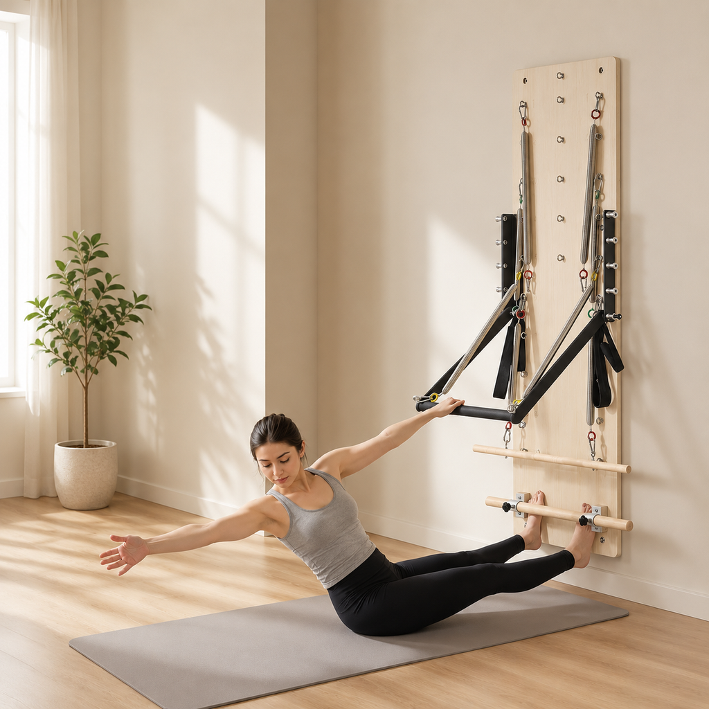 Wall-Mounted Pilates Springboard with 5-Position Adjustable Bar, Resistance Springs & Wooden Exercise Bars