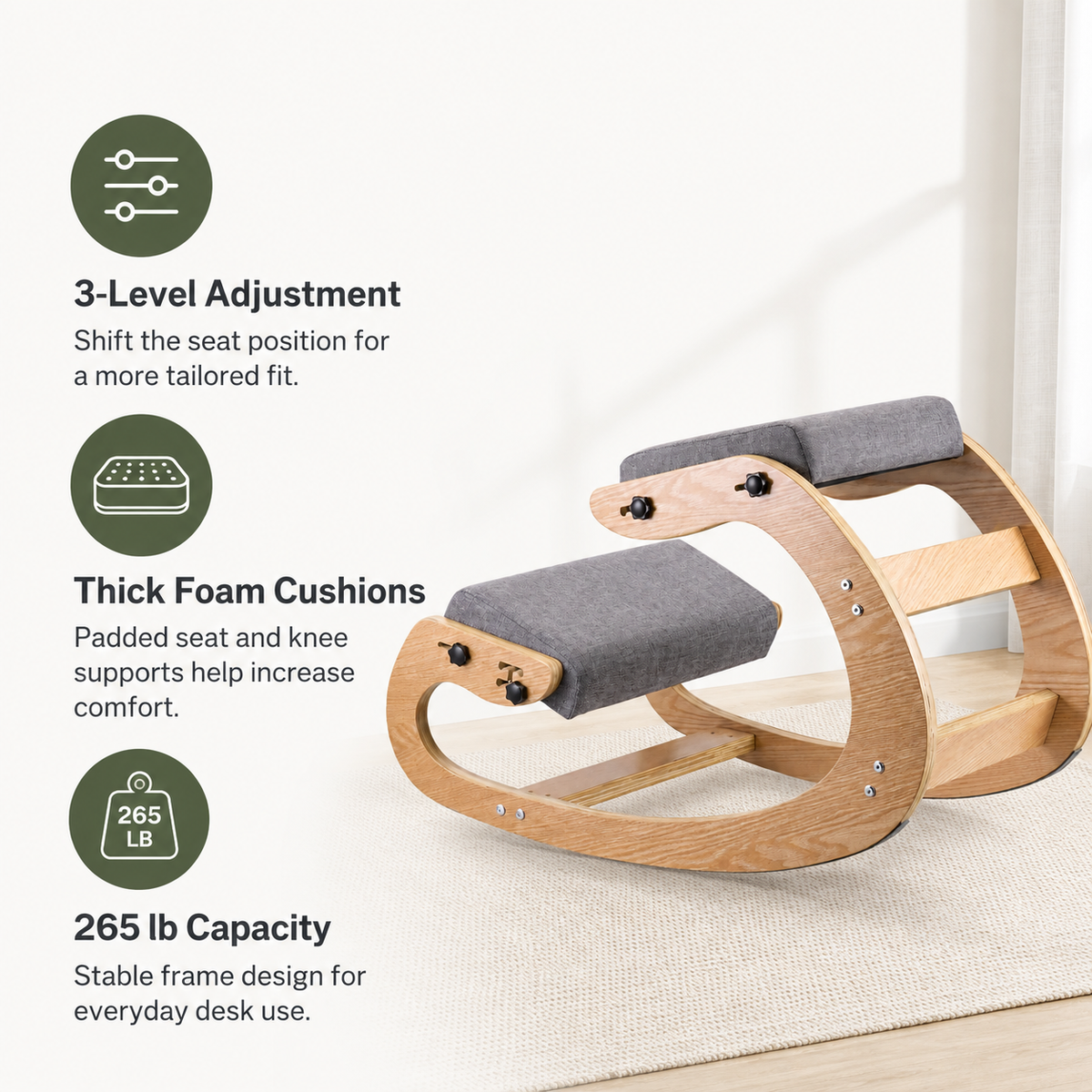 Ergonomic Wooden Rocking Kneeling Chair with Foam Cushions, 265 lb Capacity for Home Office & Study