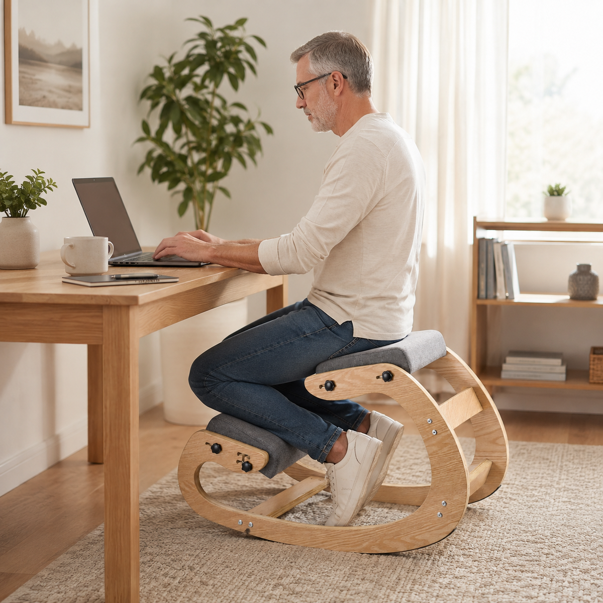 Ergonomic Wooden Rocking Kneeling Chair with Foam Cushions, 265 lb Capacity for Home Office & Study