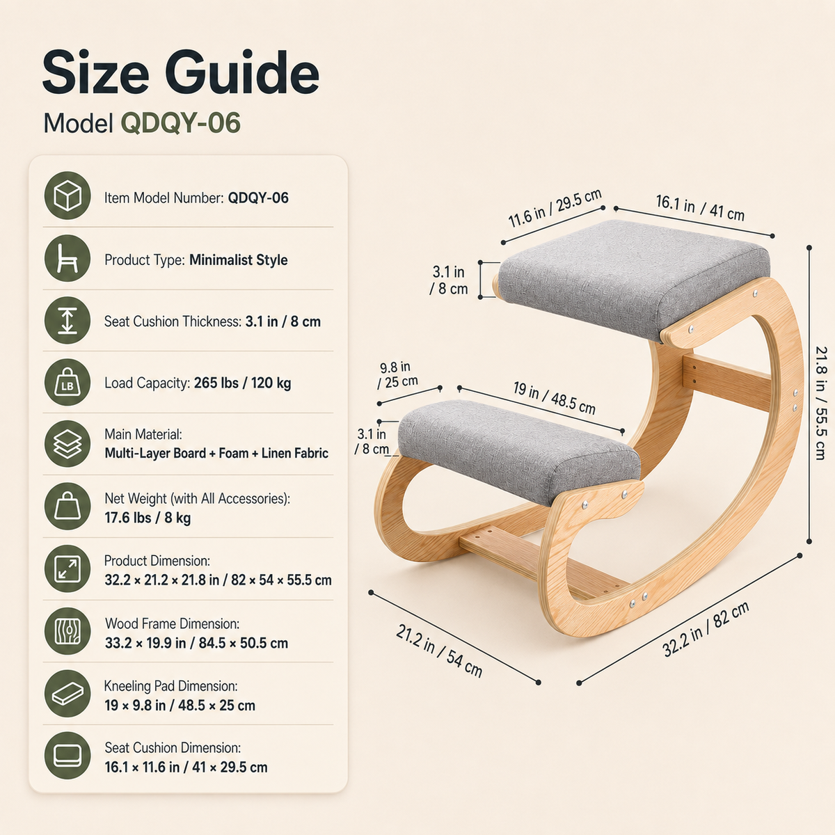 Ergonomic Wooden Rocking Kneeling Chair with Foam Cushions, 265 lb Capacity for Home Office & Study