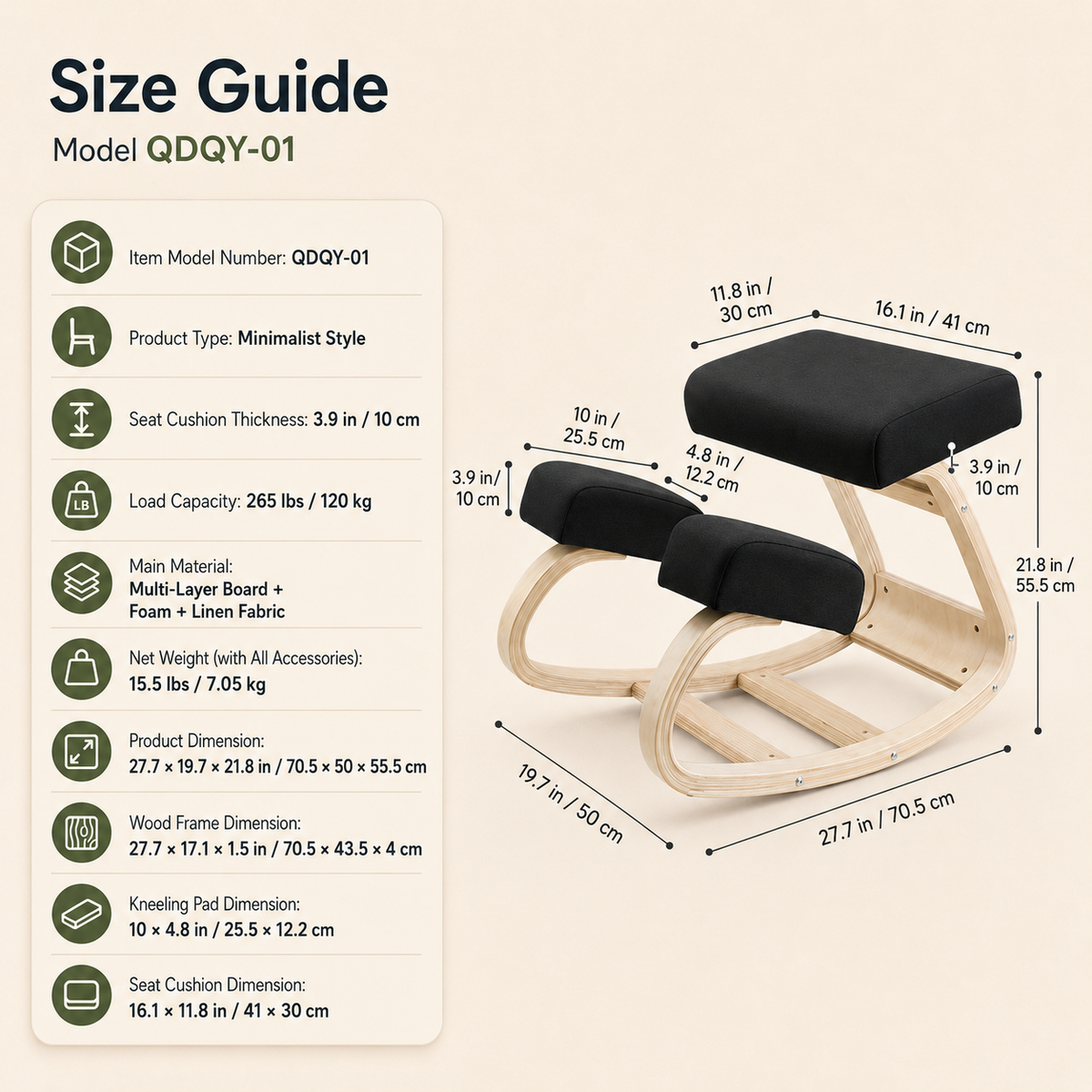 Ergonomic Wooden Rocking Kneeling Chair with Foam Cushions, 265 lb Capacity for Home Office & Study
