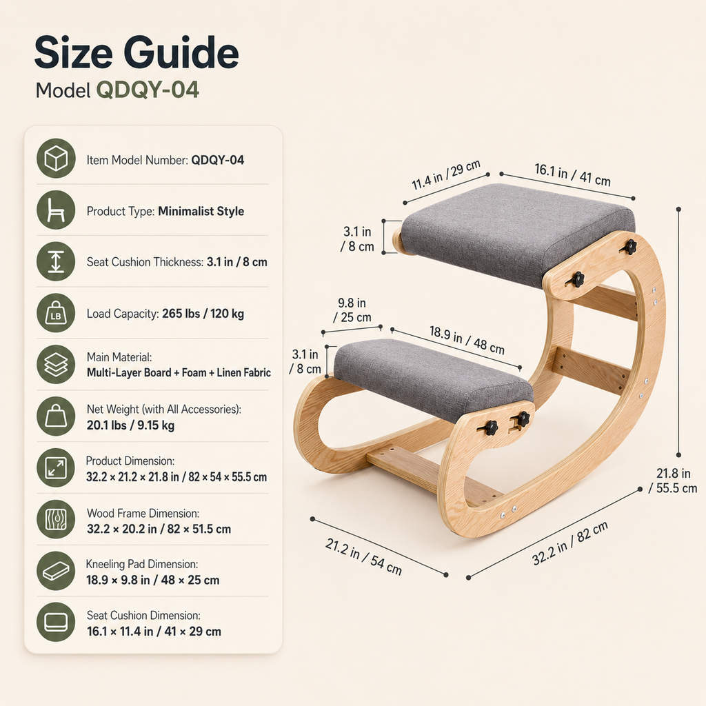 Ergonomic Wooden Rocking Kneeling Chair with Foam Cushions, 265 lb Capacity for Home Office & Study